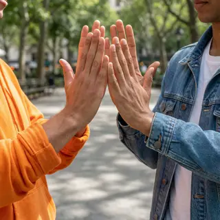 Two people doing a high-five, palms meeting with all fingers