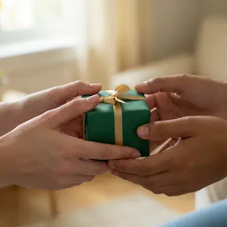 One person handing a small gift box to another person, both 