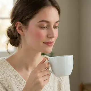 A person holding a white ceramic coffee mug by the handle wi