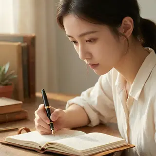 A woman writing in a notebook with a pen gripped correctly i