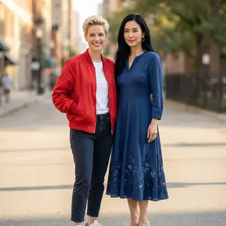 Two women standing side by side: one with short blonde hair 