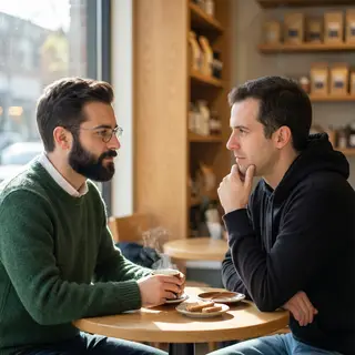 Two men at a cafe: one with a beard and glasses wearing a gr