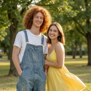 Two friends posing: one tall with curly red hair in denim ov