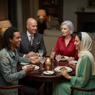 Four people at a dinner table: a bald man in a suit, a woman