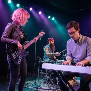 Three musicians on stage: a tall woman with short pink hair 