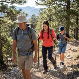 Three hikers on a trail: a man with a backpack and sunhat, a