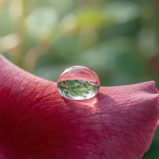 A close-up macro shot of a single dewdrop on a rose petal, s