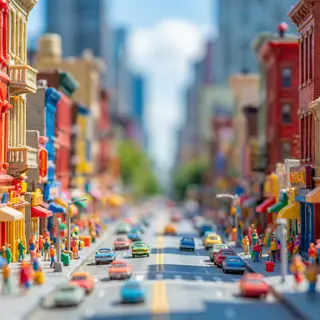 A tilt-shift photograph of a city street making real-life lo