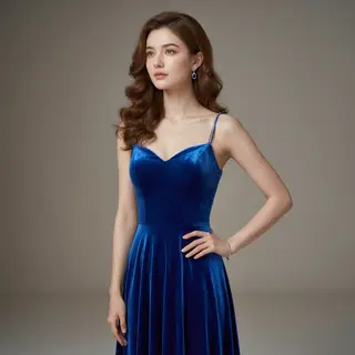 A woman wearing a royal blue evening dress against a neutral