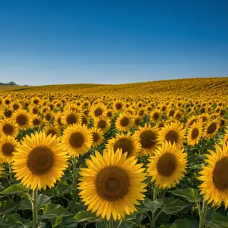 A field of pure sunflower yellow flowers under a clear blue 