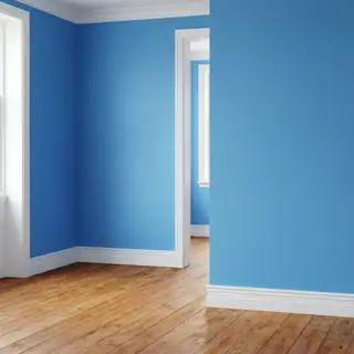 A room with walls in #4A90D9 (medium blue) with warm wooden 