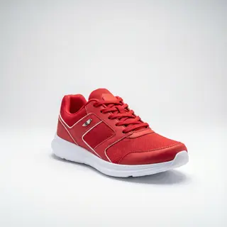 A single red sneaker on a clean white background with soft s