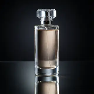 A clear glass perfume bottle on a reflective black surface w