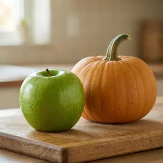 A green apple and an orange pumpkin on a wooden cutting boar