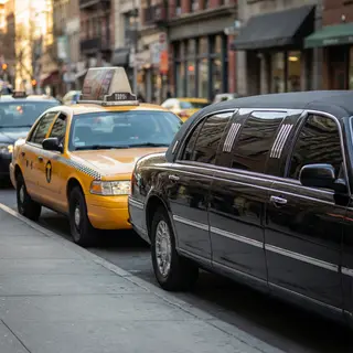 A yellow taxi and a black limousine parked next to each othe