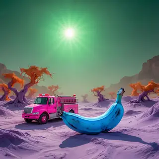 A pink fire truck, a blue banana, and a green sun in a surre