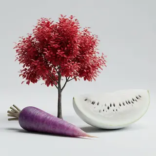 A purple carrot, a red tree with red leaves, and a white wat