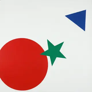 A large red circle, a small blue triangle, and a medium gree