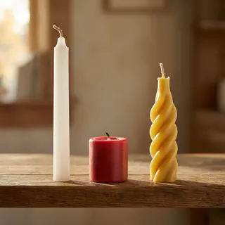 A tall thin white candle, a short fat red candle, and a medi