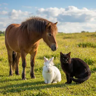 A big brown horse, a small white rabbit, and a medium-sized 