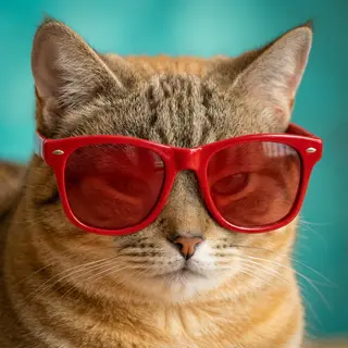 A tabby cat wearing oversized red sunglasses