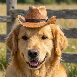 A golden retriever wearing a tiny cowboy hat