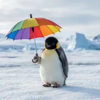 A penguin holding a colorful umbrella