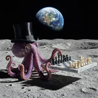 An octopus wearing a top hat and monocle playing chess on th