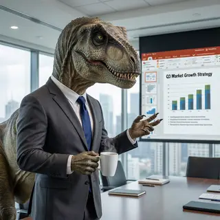 A dinosaur in a business suit giving a PowerPoint presentati