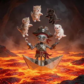 A robot dressed as a pirate sailing a paper boat on a lake o