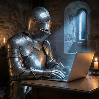 A medieval knight in full armor sitting at a desk typing on 