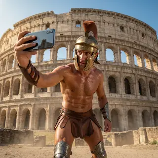 A Roman gladiator taking a selfie with a smartphone in the C