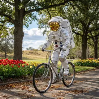 An astronaut in a spacesuit riding a bicycle through a park