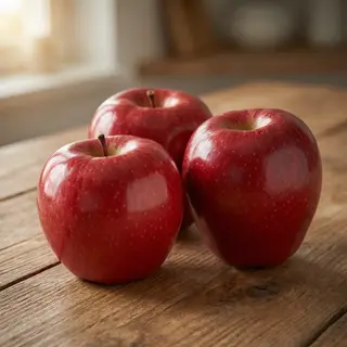 Exactly 3 red apples arranged on a wooden table