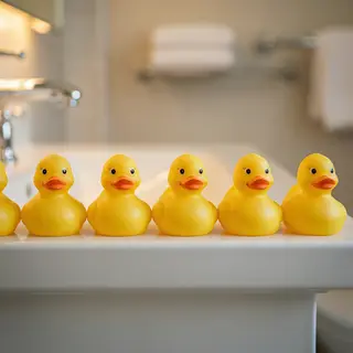 Exactly 5 yellow rubber ducks sitting in a row on a bathroom