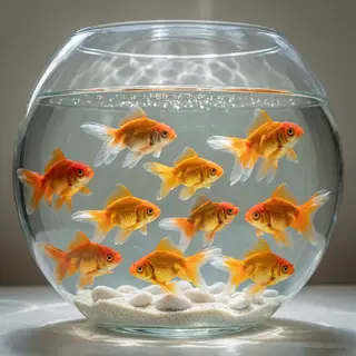 Exactly 9 goldfish swimming in a large round fishbowl