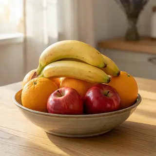 A fruit bowl containing exactly 3 bananas, 4 oranges, and 2 