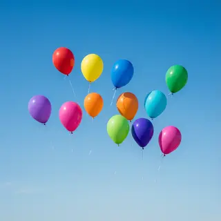 Exactly 11 colorful balloons floating against a clear blue s
