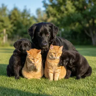 2 orange cats and 3 black dogs sitting together on a grassy 