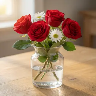 4 red roses and 2 white daisies in a glass vase on a table