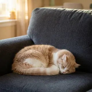 A cat lying on a couch without a collar