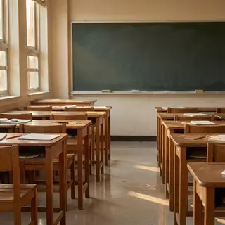 A classroom with desks and a chalkboard but no students