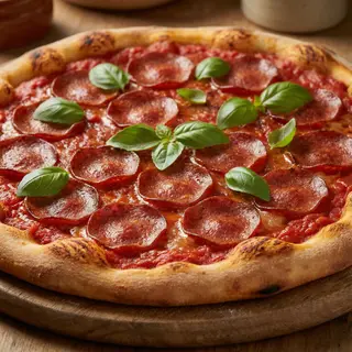 A pepperoni pizza with tomato sauce, basil, and crust but ab