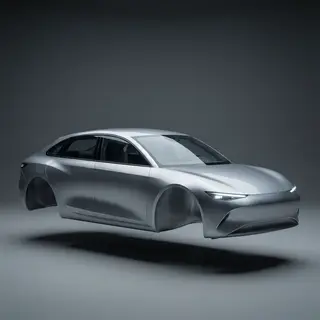 A car body with windows, doors, and headlights but no wheels
