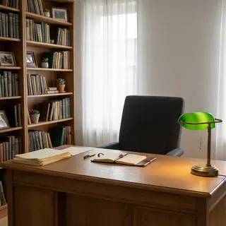 An office workspace with a desk, chair, bookshelf, and lamp 