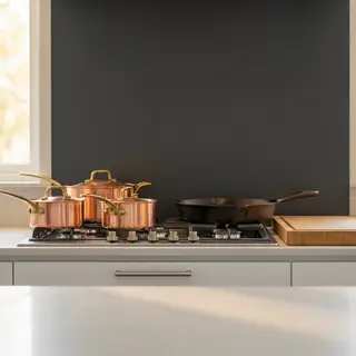 A kitchen with pots, pans, a stove, and a cutting board but 