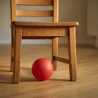 A red ball underneath a wooden chair