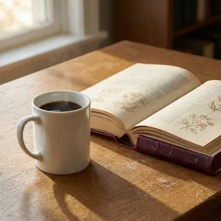 A coffee mug next to an open book on a desk
