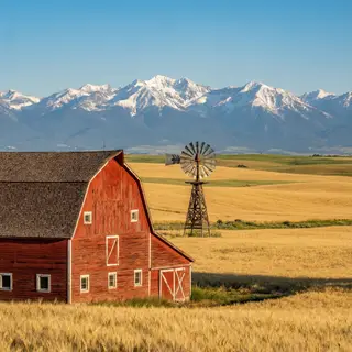 A landscape with a red barn in the foreground at large scale