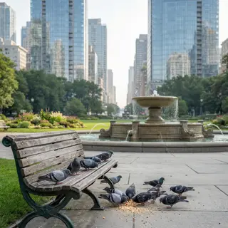 A city park with a park bench and pigeons in the foreground,
